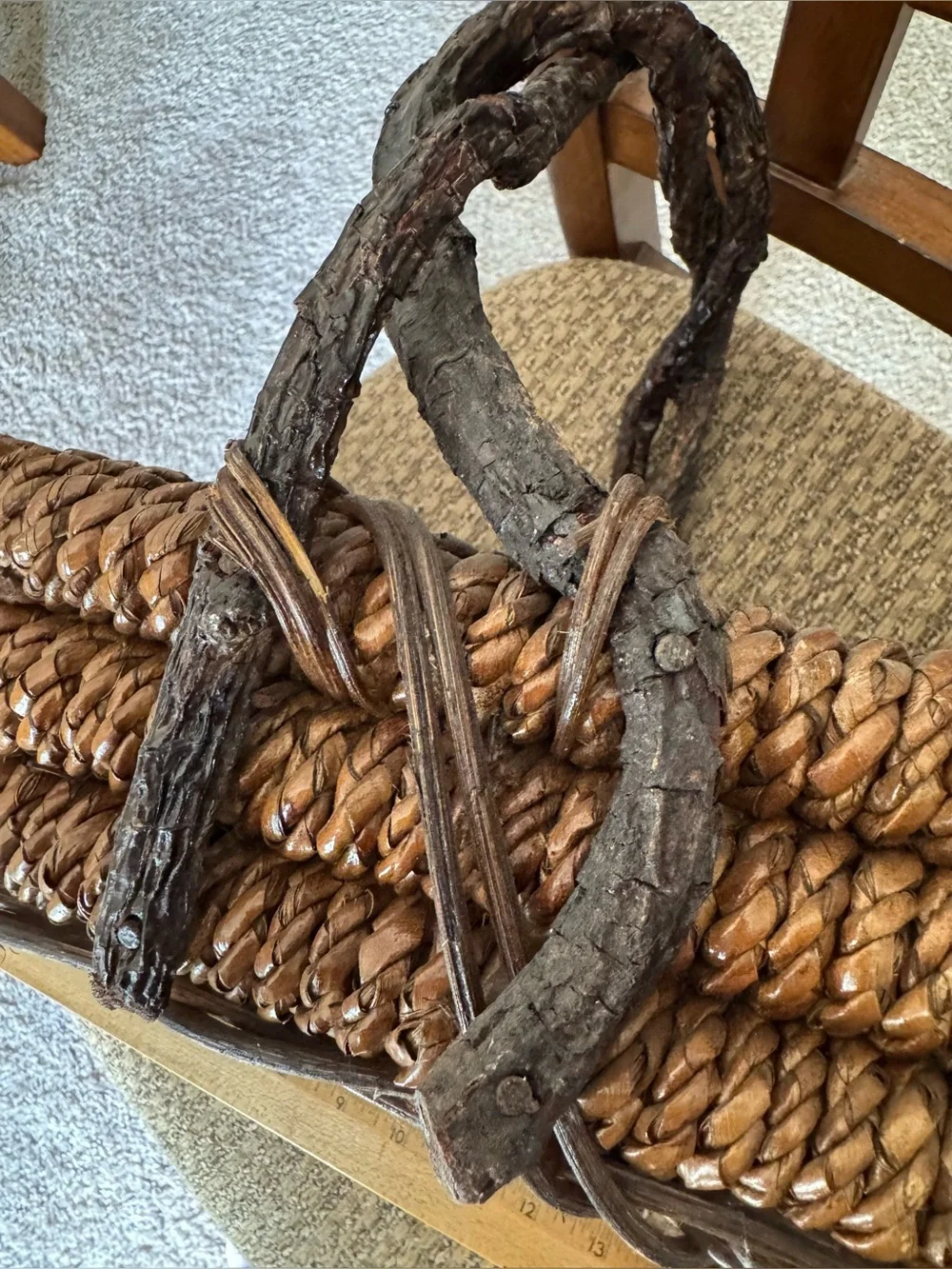 Rustic Farmhouse Twisted Willow Handle Basket Long Gathering Grapevine Rattan